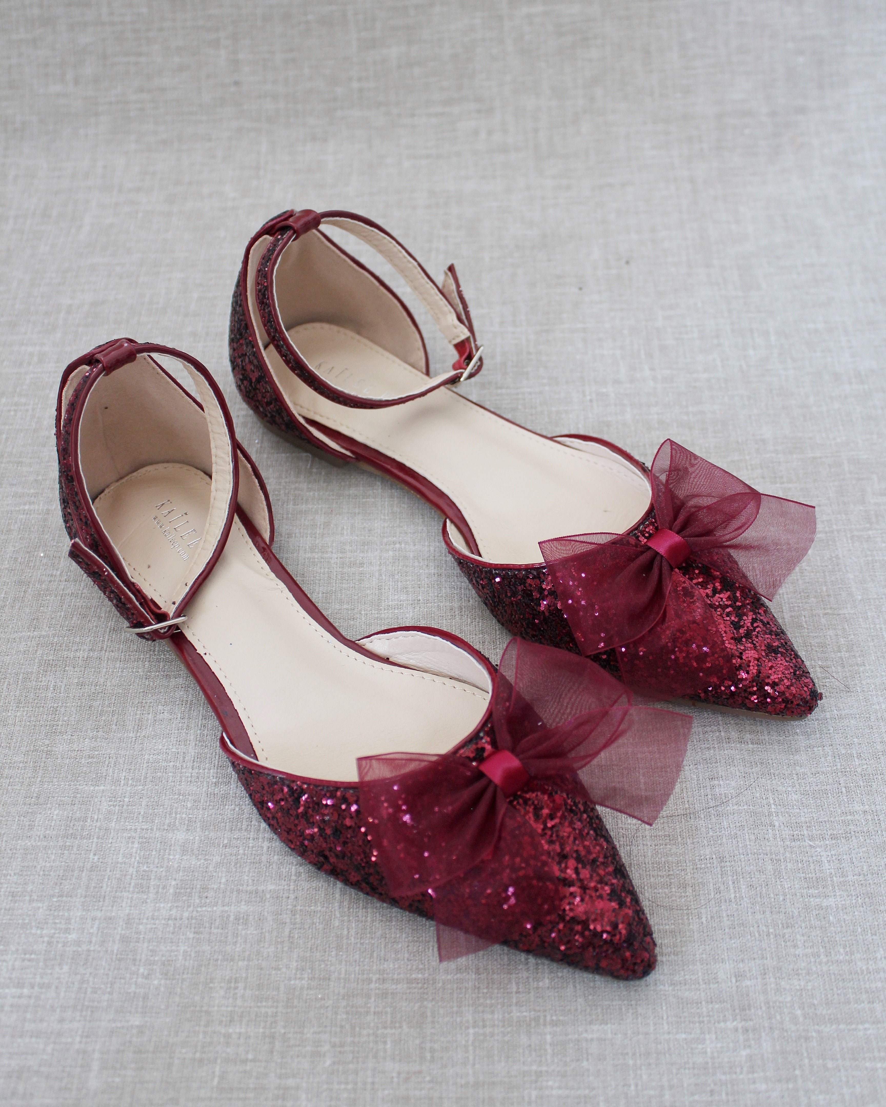 Rock Glitter Pointy Toe Flats with Organza Bow
