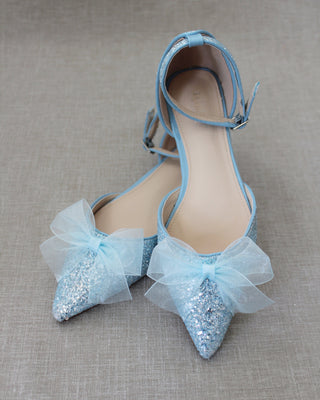 Rock Glitter Pointy Toe Flats with Organza Bow