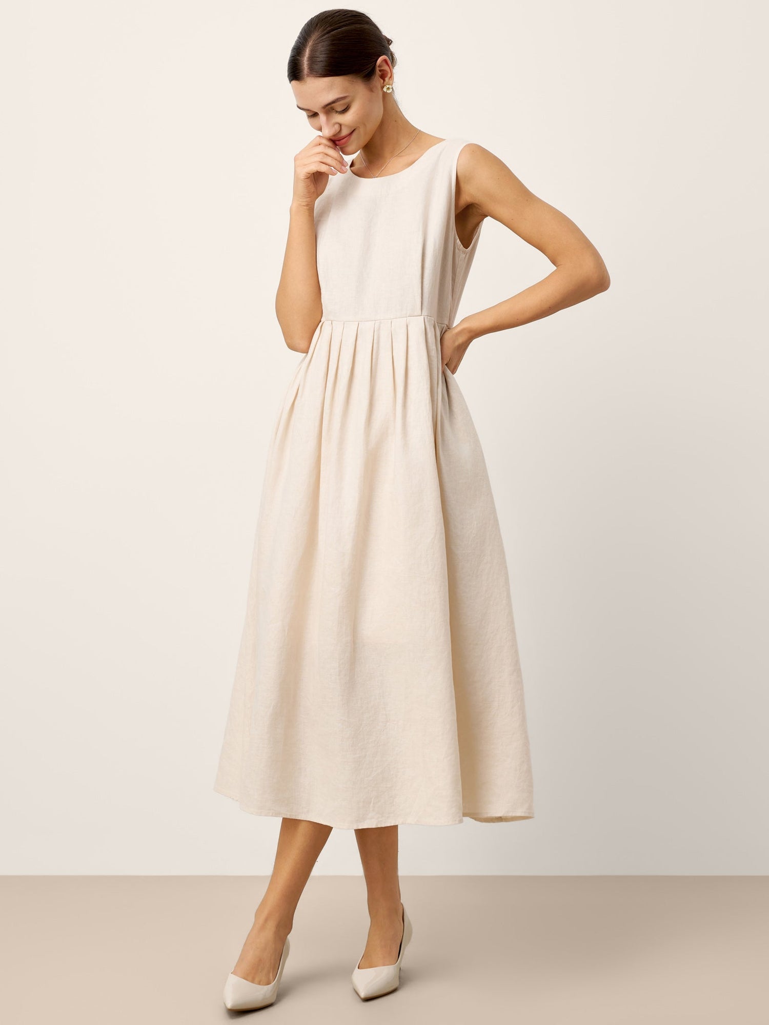 100% Linen Sleeveless Crew Neck Waist Pleated Maxi Dress SELENE - Glamourous Grace
