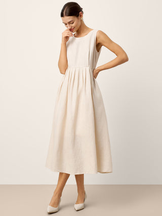 100% Linen Sleeveless Crew Neck Waist Pleated Maxi Dress SELENE - Glamourous Grace