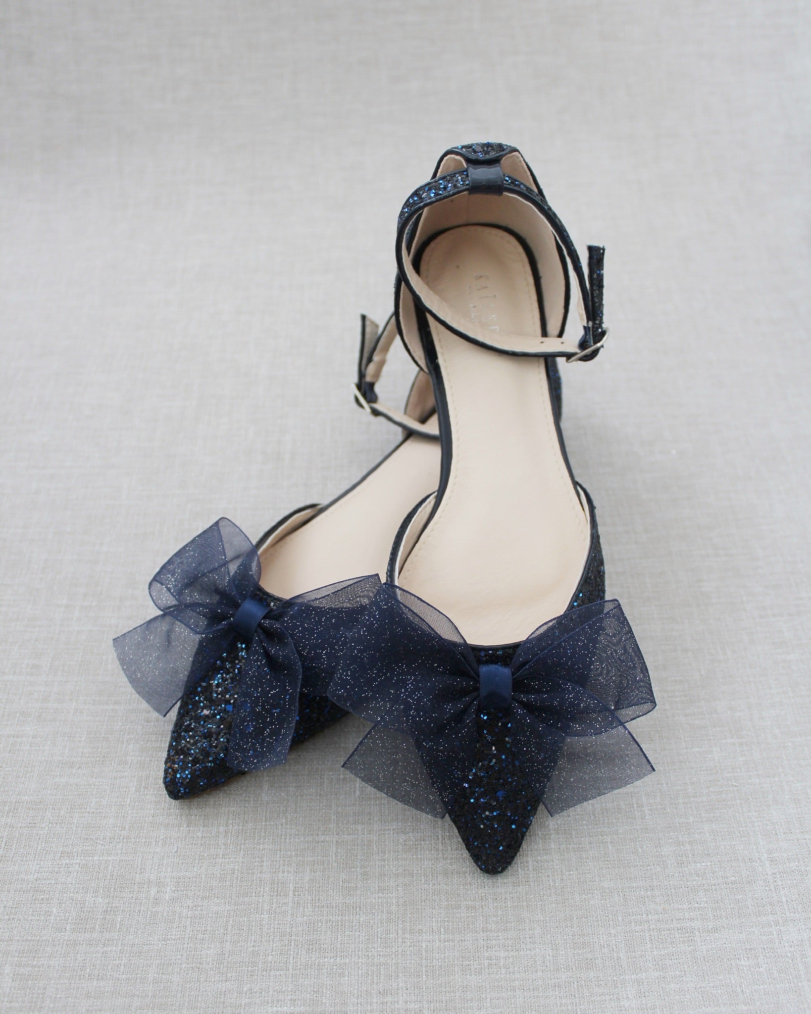 Rock Glitter Pointy Toe Flats with Organza Bow