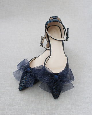 Rock Glitter Pointy Toe Flats with Organza Bow