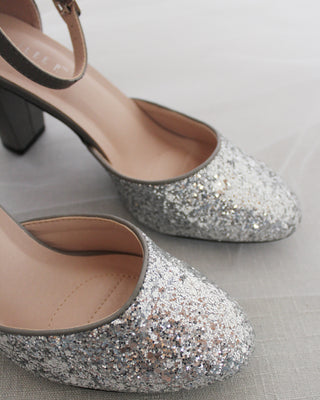 Rock Glitter Block Heel with Back Satin Bow