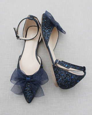 Rock Glitter Pointy Toe Flats with Organza Bow