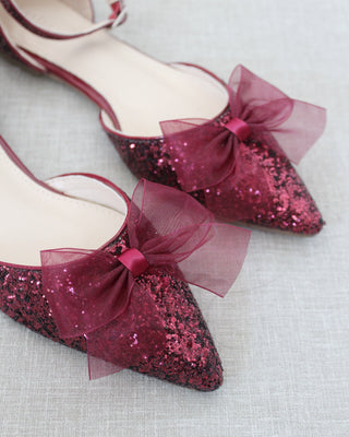 Rock Glitter Pointy Toe Flats with Organza Bow