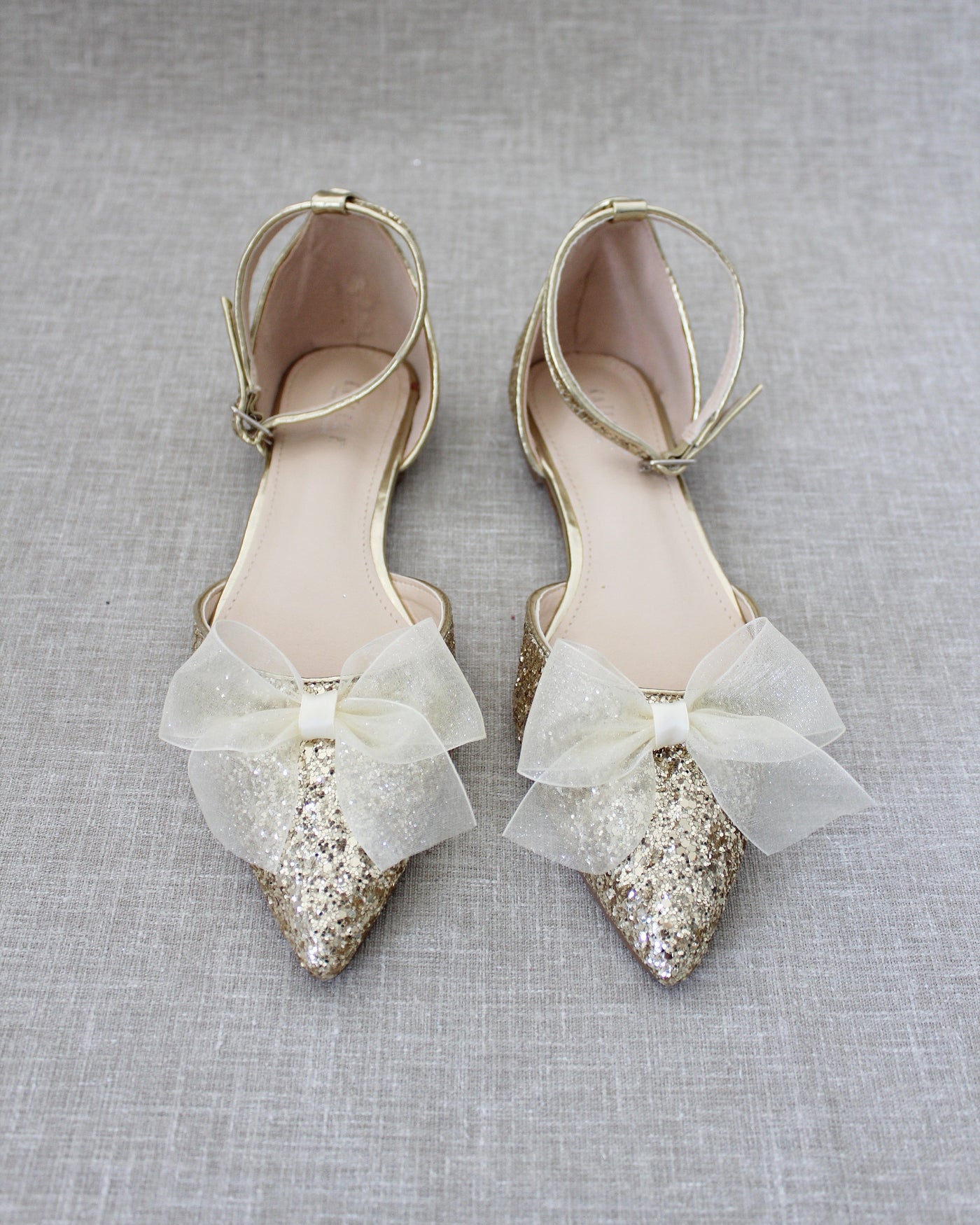 Rock Glitter Pointy Toe Flats with Ankle Strap and Organza Bow - Glamourous Grace