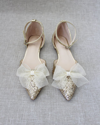Rock Glitter Pointy Toe Flats with Ankle Strap and Organza Bow