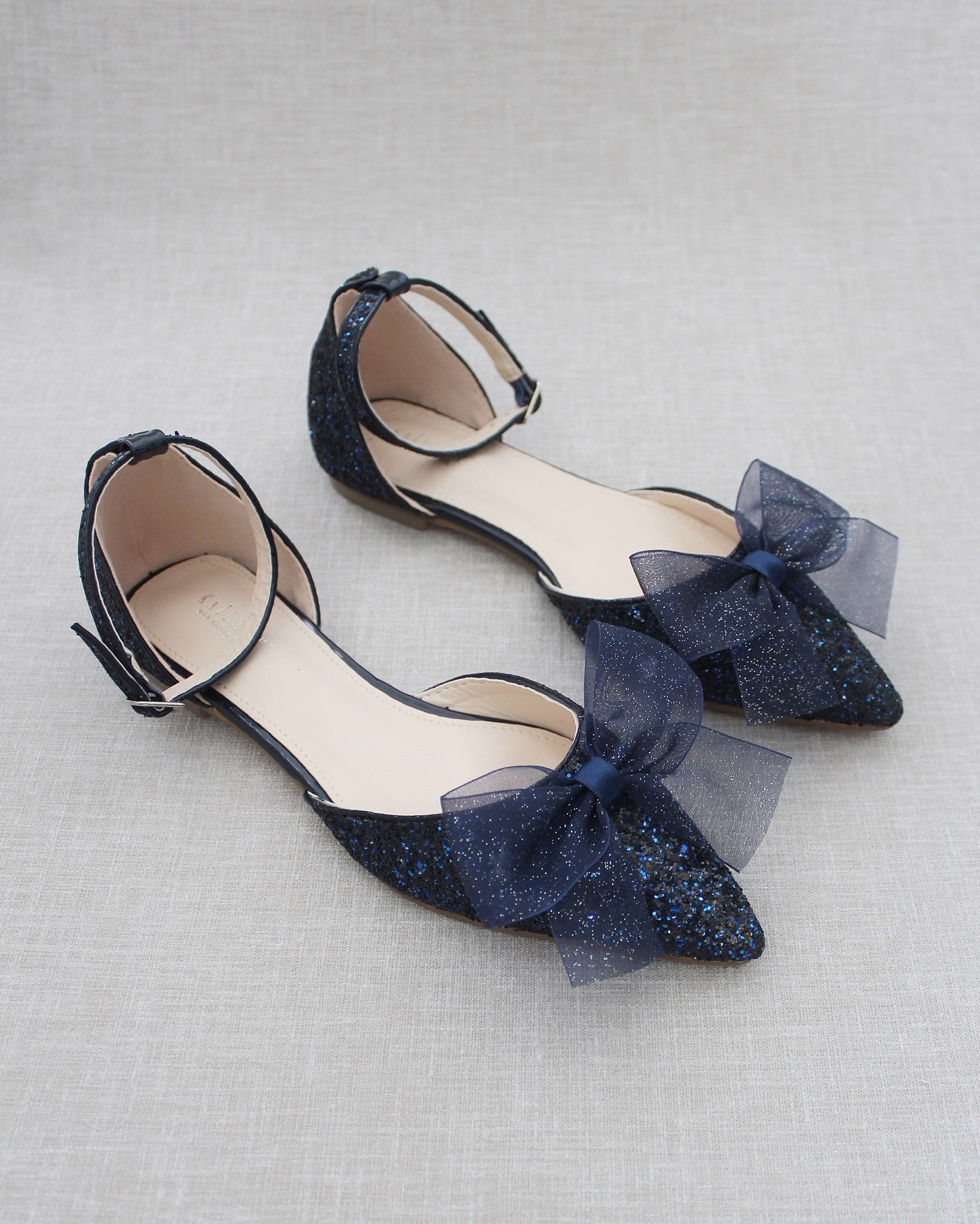 Rock Glitter Pointy Toe Flats with Organza Bow