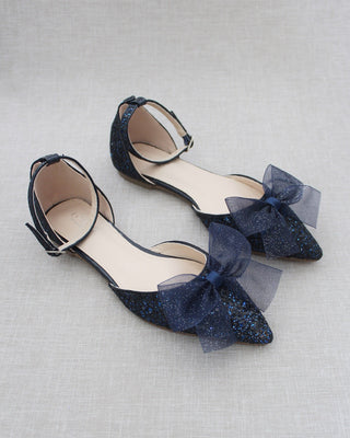 Rock Glitter Pointy Toe Flats with Organza Bow
