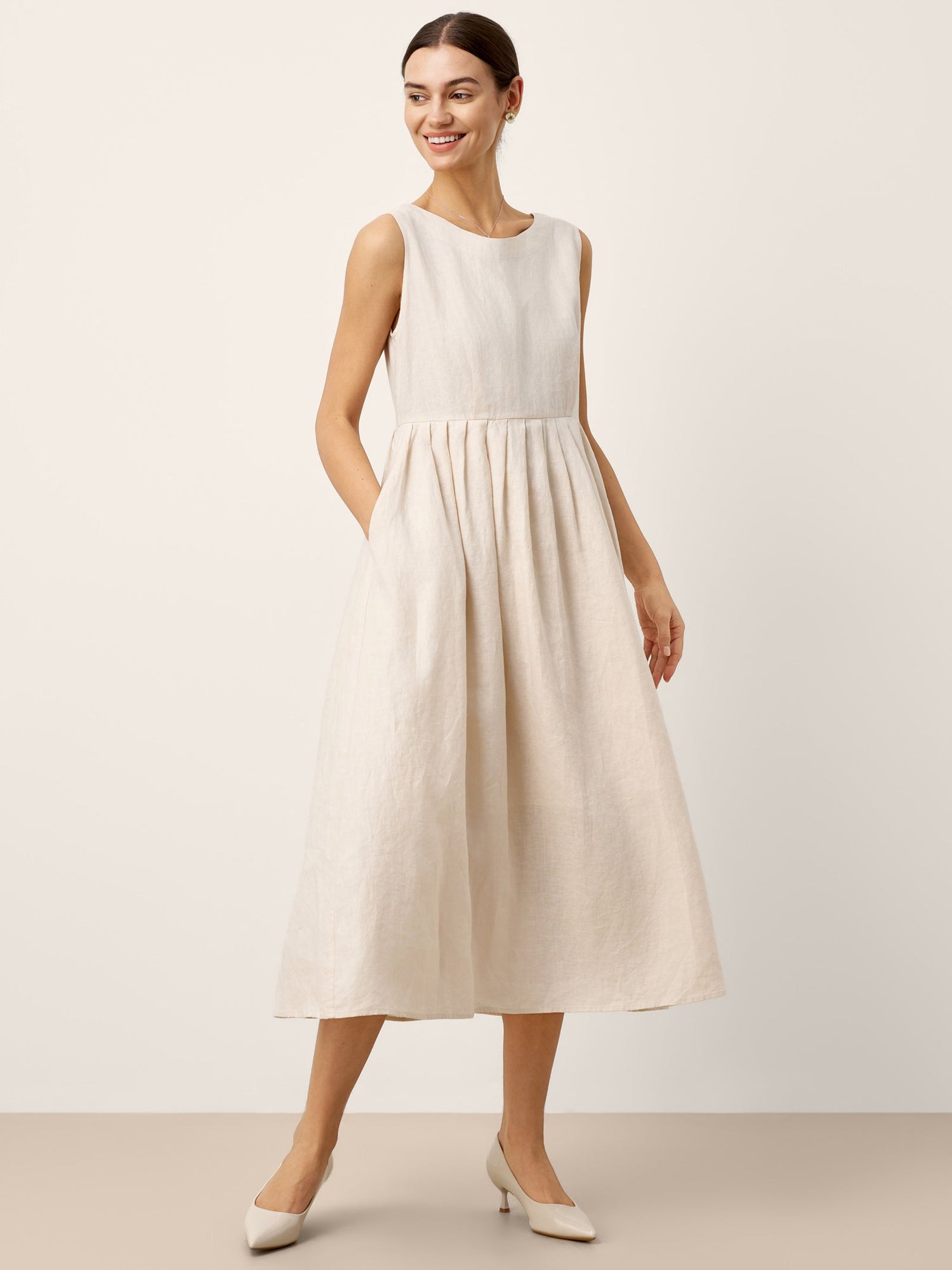 100% Linen Sleeveless Crew Neck Waist Pleated Maxi Dress SELENE - Glamourous Grace