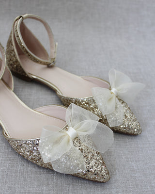 Rock Glitter Pointy Toe Flats with Ankle Strap and Organza Bow