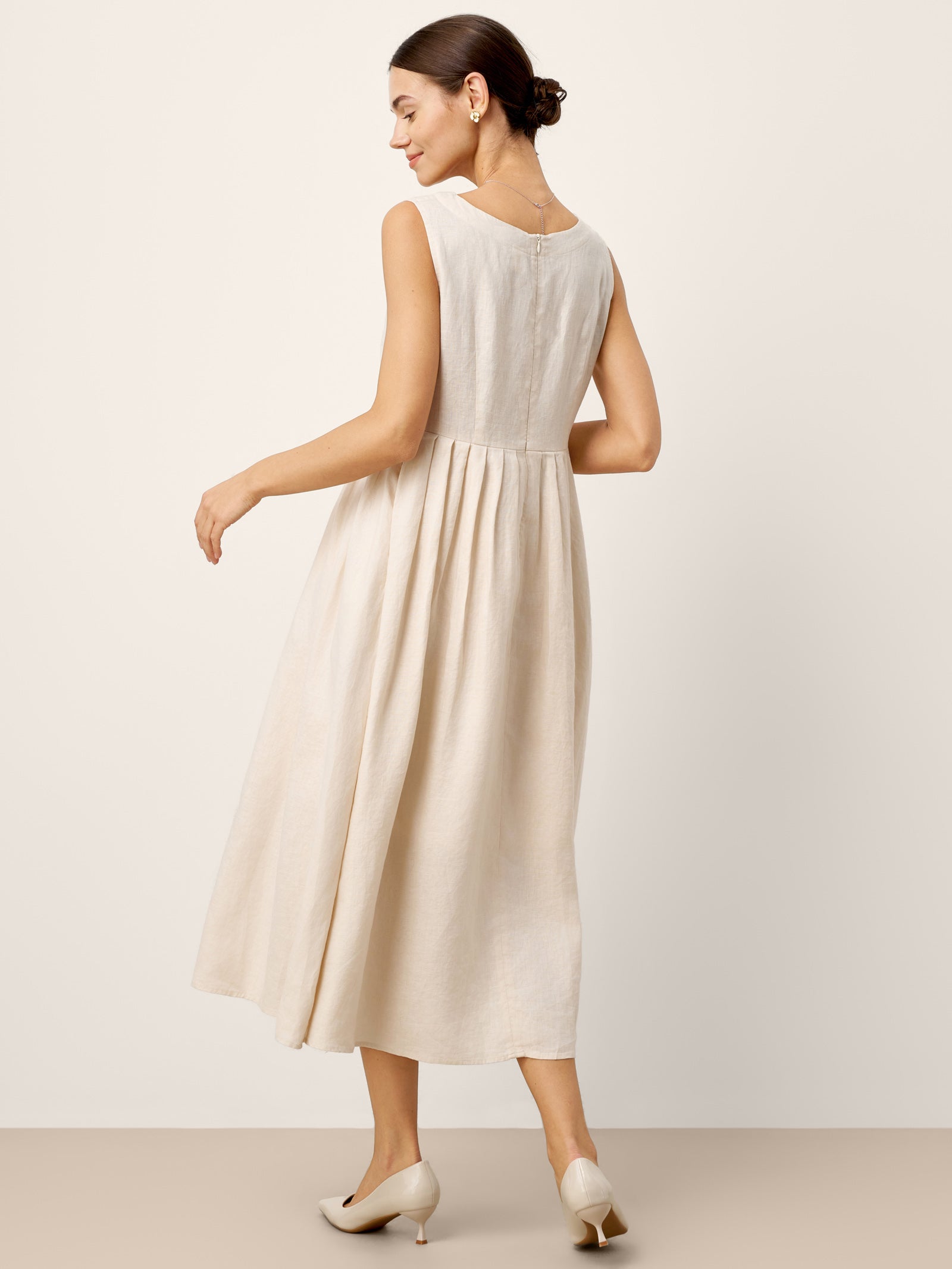 100% Linen Sleeveless Crew Neck Waist Pleated Midi Dress SELENE - Glamourous Grace