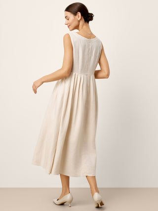 100% Linen Sleeveless Crew Neck Waist Pleated Maxi Dress SELENE - Glamourous Grace