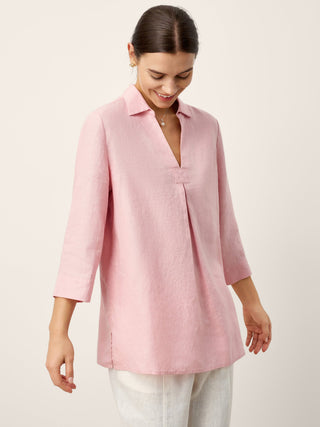 100% Linen Layered Lapel V-neck Sculpted Front Pleat Longline Top ODALYS - Glamourous Grace