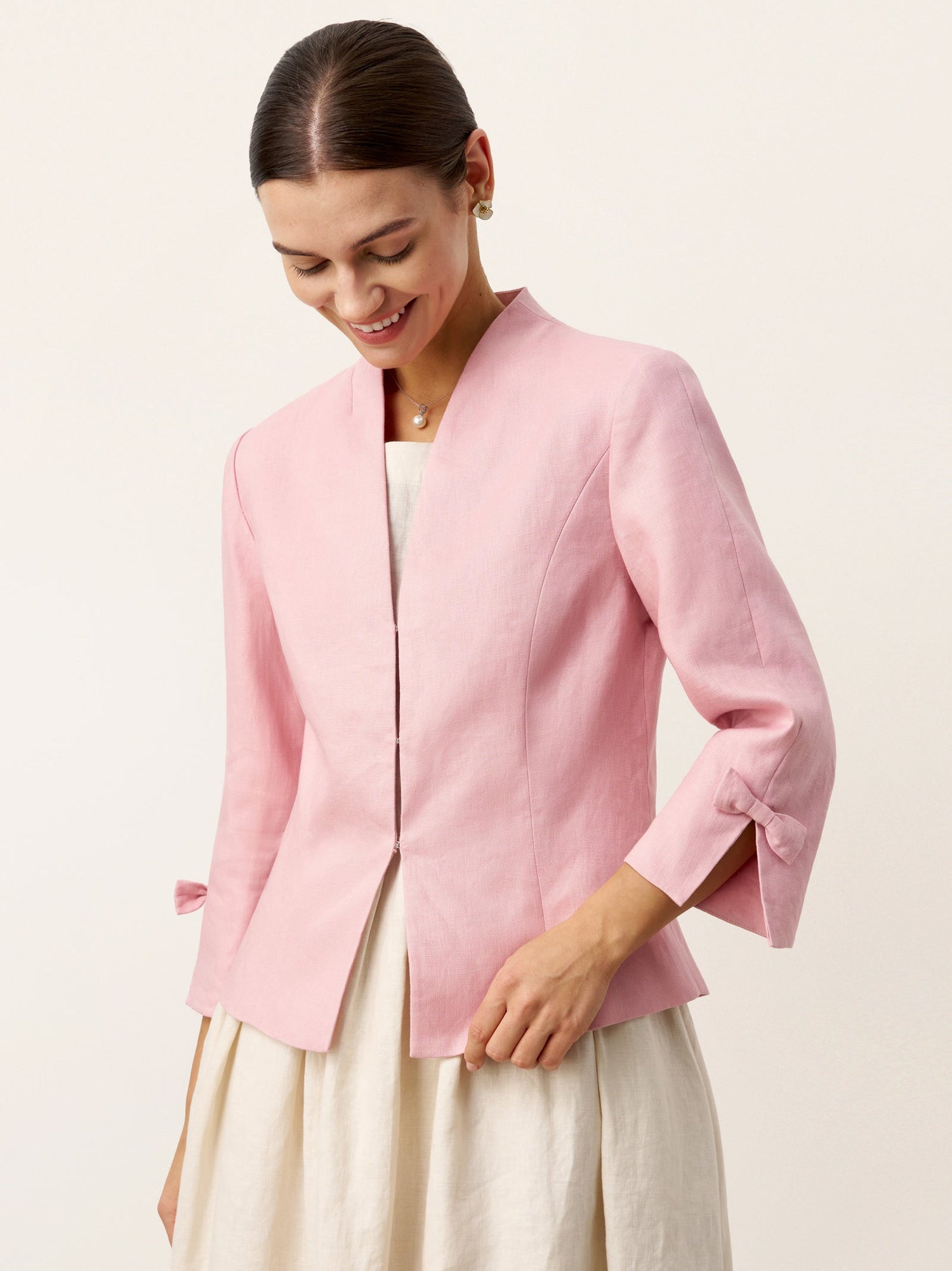 100% Linen Bow Cuff Stand Collar Jacket FINOLA - Glamourous Grace