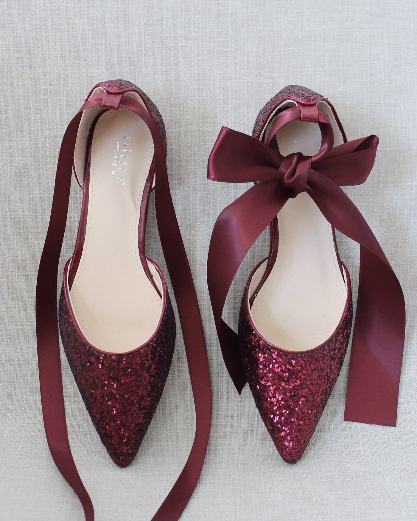 Rock Glitter Pointy Toe Flats with Satin Ankle Tie or Ballerina Lace Up - Glamourous Grace