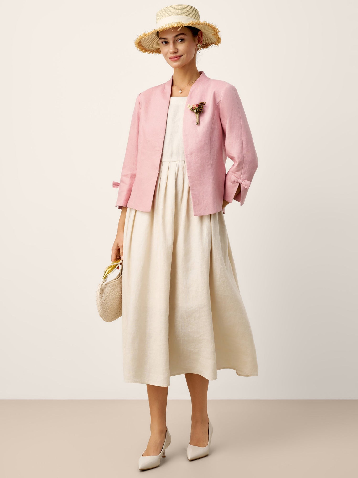 100% Linen Bow Cuff Stand Collar Jacket FINOLA - Glamourous Grace