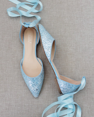 Rock Glitter Pointy Toe Flats with Satin Ankle Tie or Ballerina Lace Up