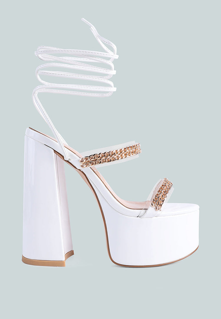 Indulgence Metal Chain Lace Up Chunky Sandals - Glamourous Grace