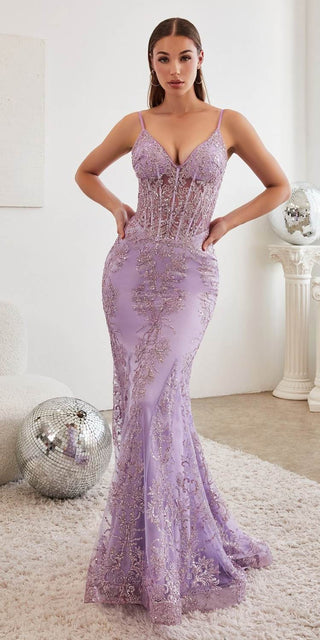 Ladivine J810 Long Fitted Floral Glitter Print Corset Gown - Glamourous Grace