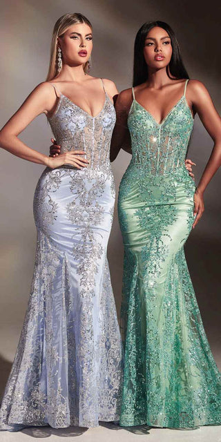 Cinderella Divine J810 Long Fitted Mermaid Gown Metallic Embroidered Lace - Glamourous Grace
