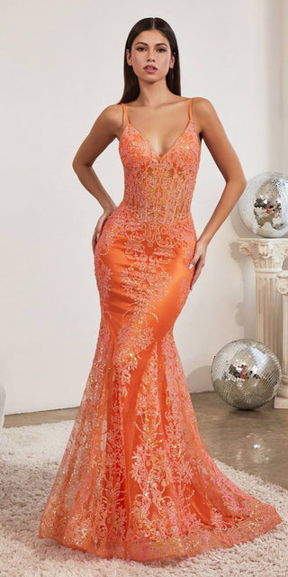 Cinderella Divine J810 Long Fitted Mermaid Gown Metallic Embroidered Lace - Glamourous Grace