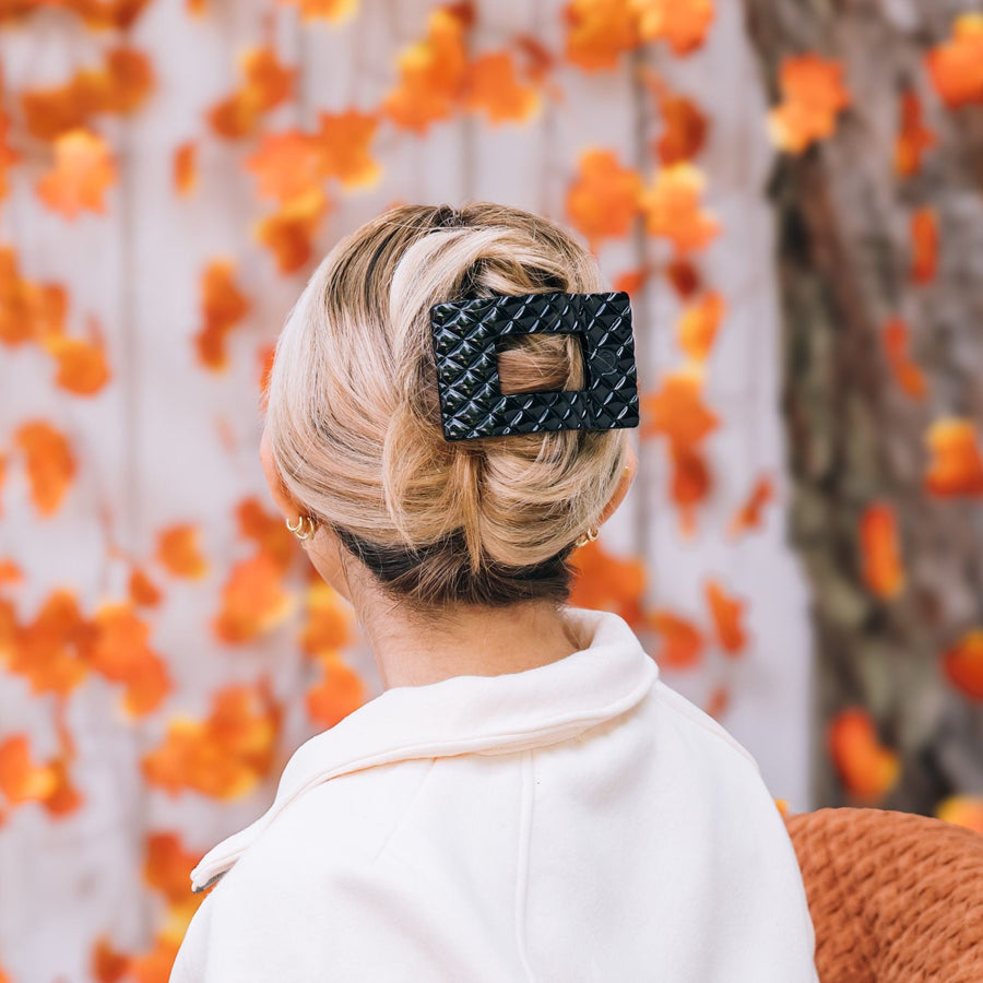 Jet Black Quilted Large Flat Rectangle Hair Clip - Glamourous Grace