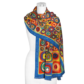 Kandinsky Squares with Concentric Circles Silk Blend Shawl – Lightweight Dressy Wrap for Women