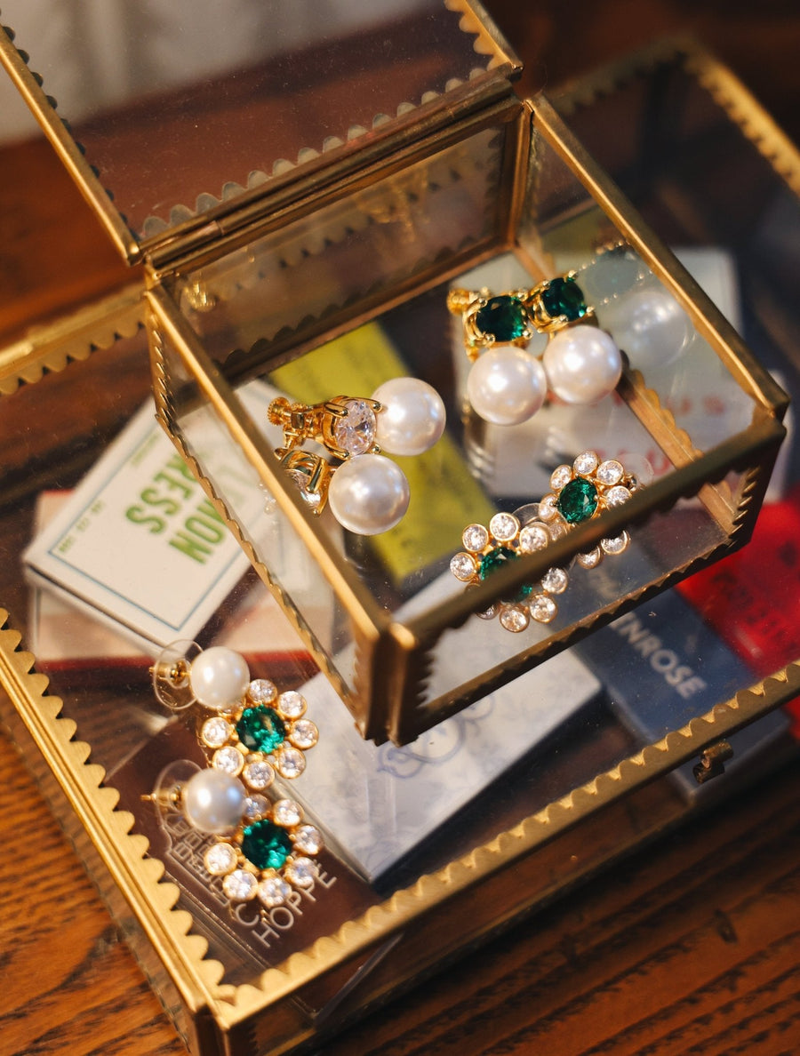 Kelly- Emerald Pearl Drop Earrings- 18k Gold Plated - Belle of the Ball Collection - Glamourous Grace