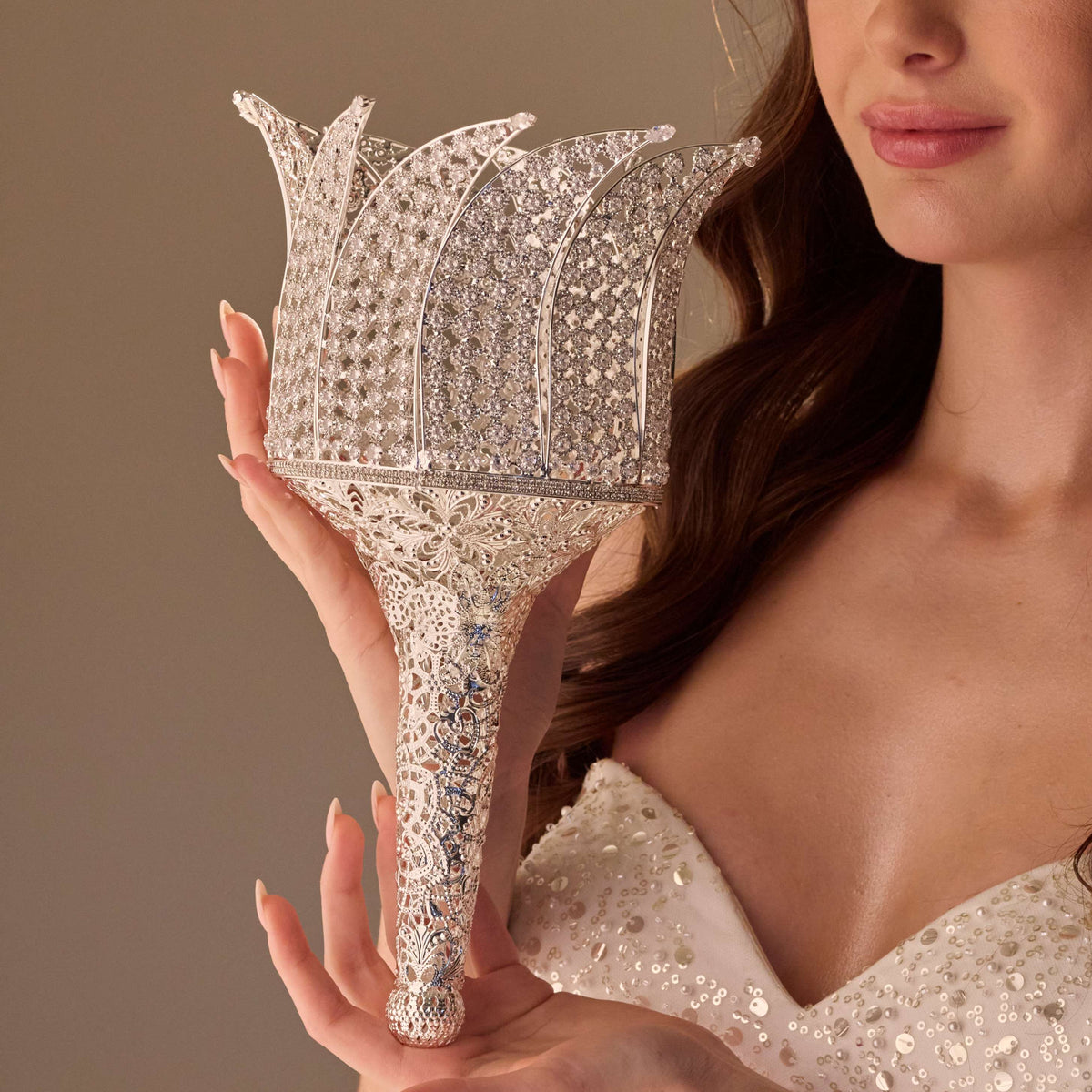 Luxury Quinceañera & Wedding Bouquet Holder – Silver Carved Flowers & Crystal Stones - Glamourous Grace