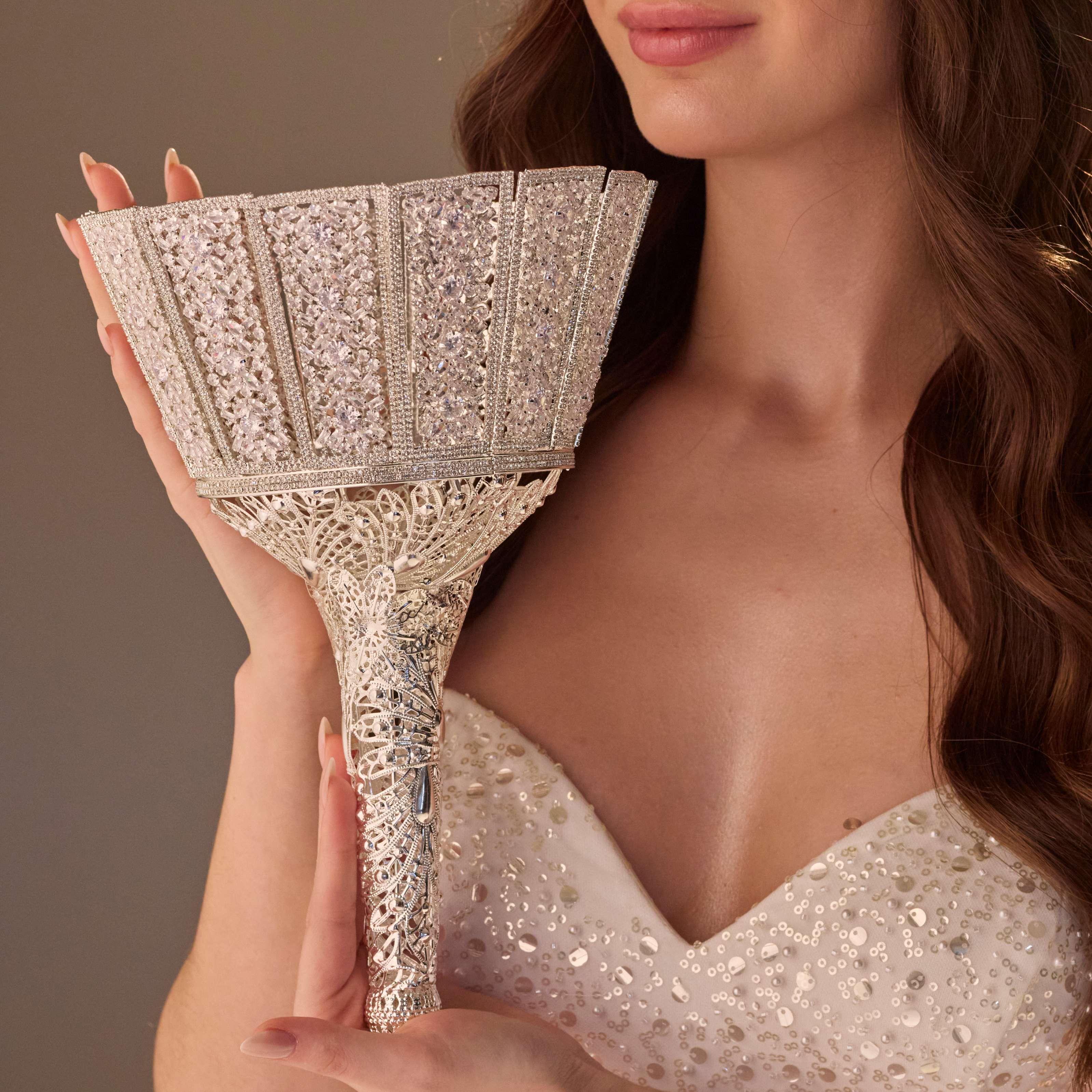 Silver Quinceañera & Wedding Bouquet Holder – Handcrafted with Carved Flowers & Crystal Stones - Glamourous Grace