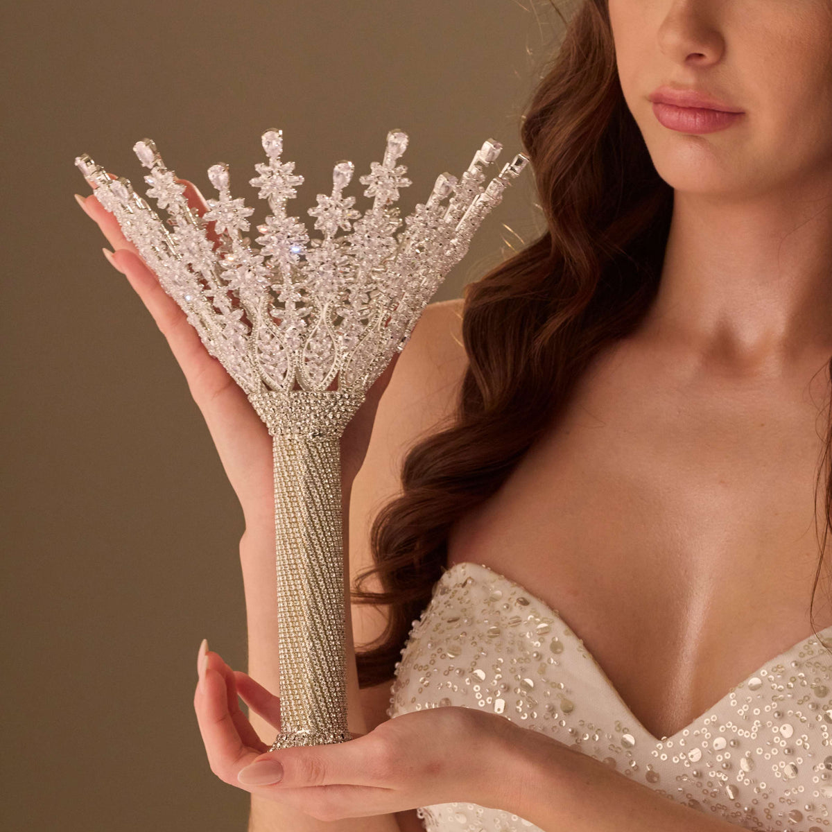 Luxury Silver Quinceañera & Wedding Bouquet Holder – Handcrafted with Crystal Stones & Beads - Glamourous Grace