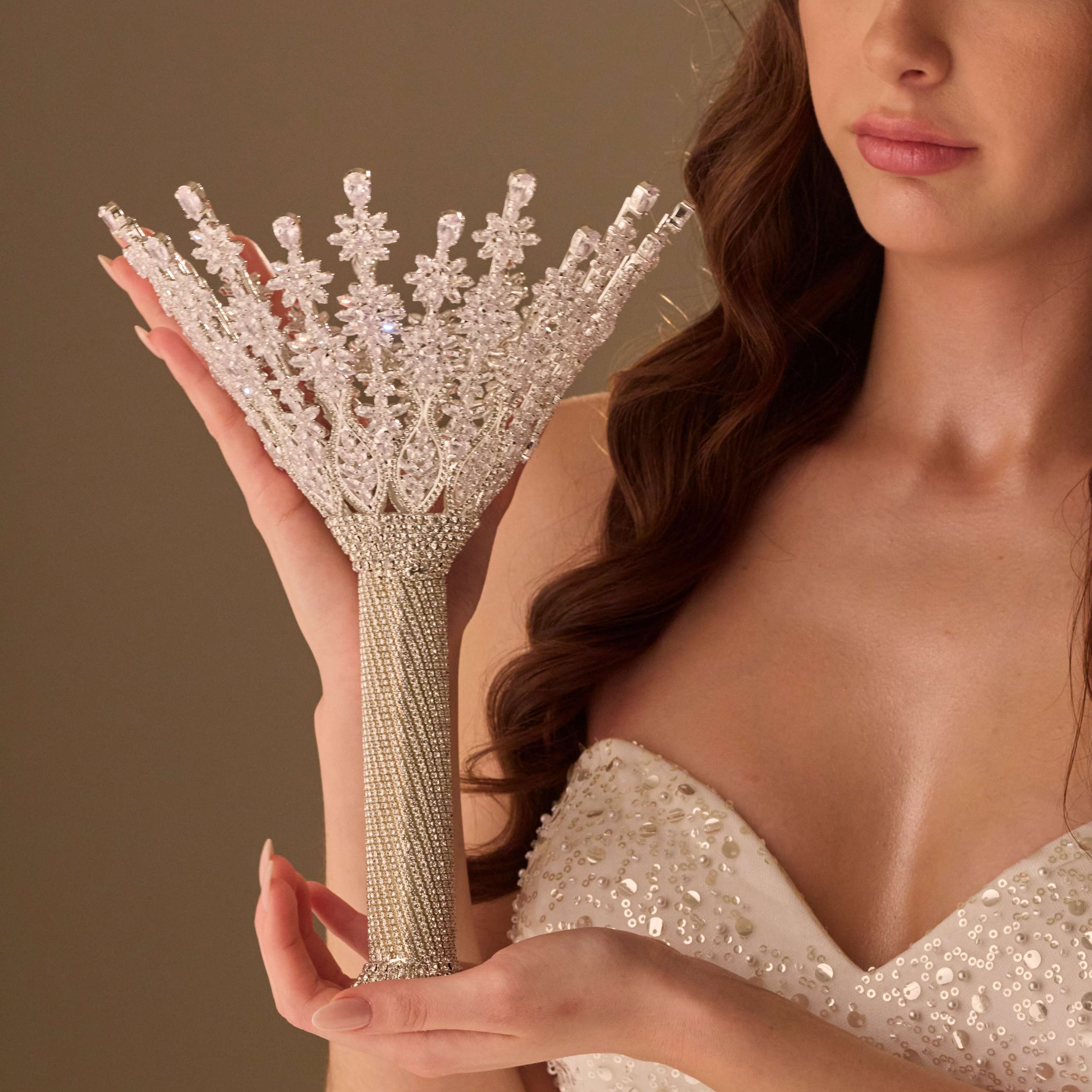 Luxury Silver Quinceañera & Wedding Bouquet Holder – Handcrafted with Crystal Stones & Beads - Glamourous Grace