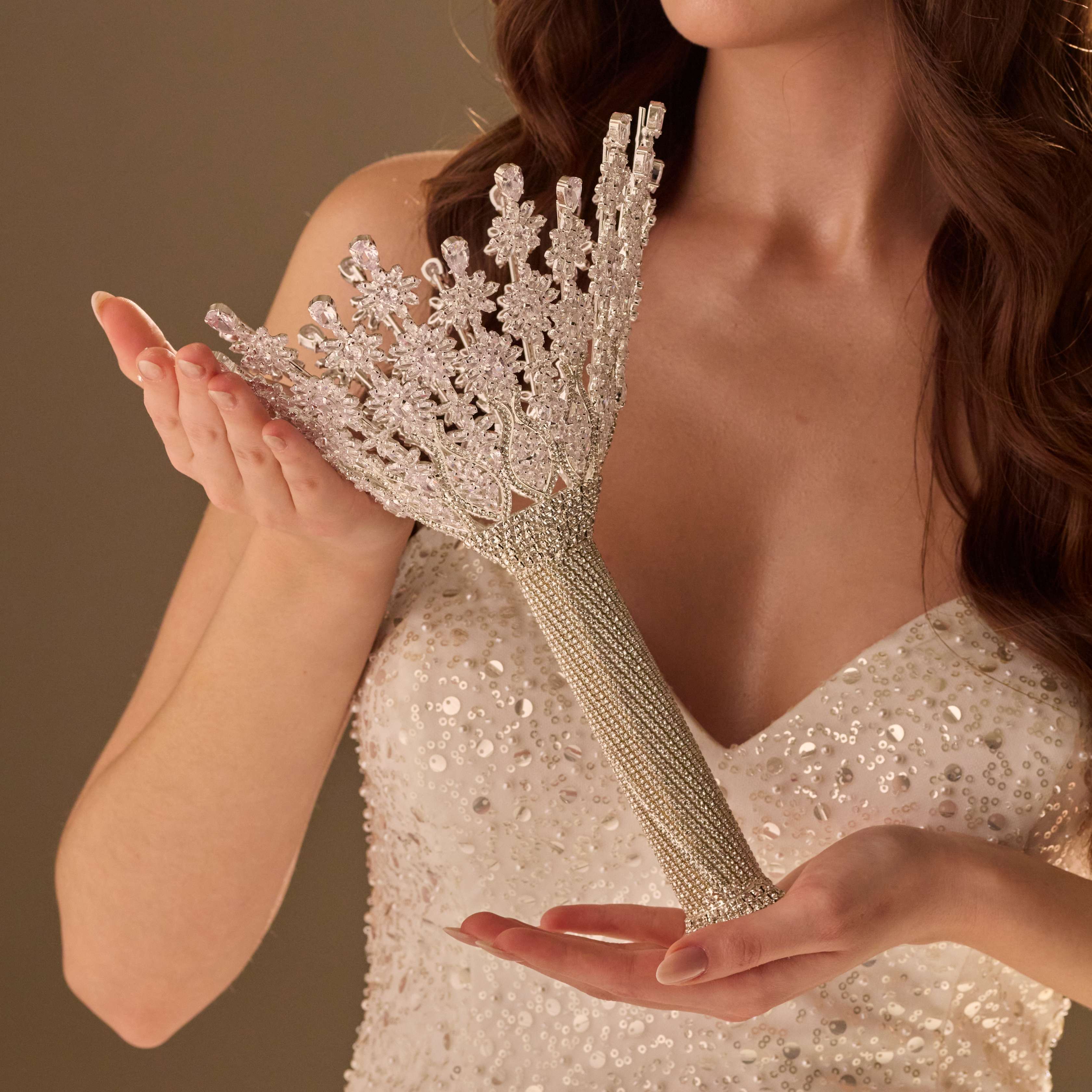 Luxury Silver Quinceañera & Wedding Bouquet Holder – Handcrafted with Crystal Stones & Beads - Glamourous Grace