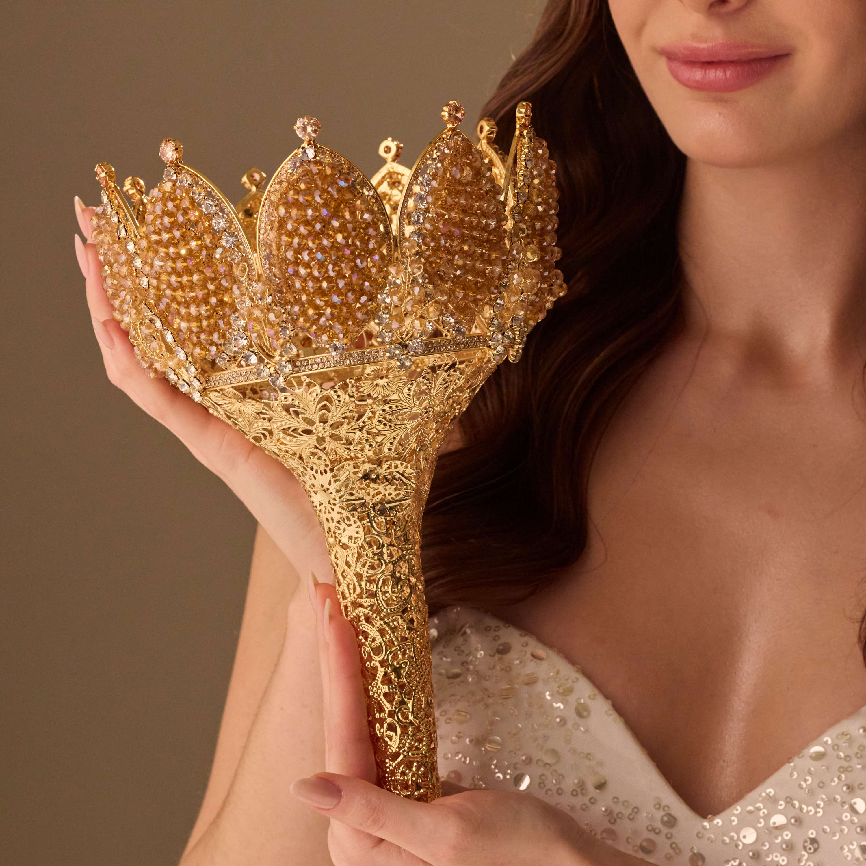 Gold Quinceañera & Wedding Bouquet Holder – Handcrafted with Gold Carved Flowers & Crystal Stones - Glamourous Grace