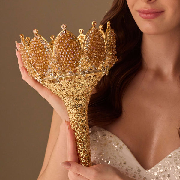 Gold Quinceañera & Wedding Bouquet Holder – Handcrafted with Gold Carved Flowers & Crystal Stones - Glamourous Grace