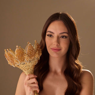 Gold Quinceañera & Wedding Bouquet Holder – Handcrafted with Gold Carved Flowers & Crystal Stones - Glamourous Grace