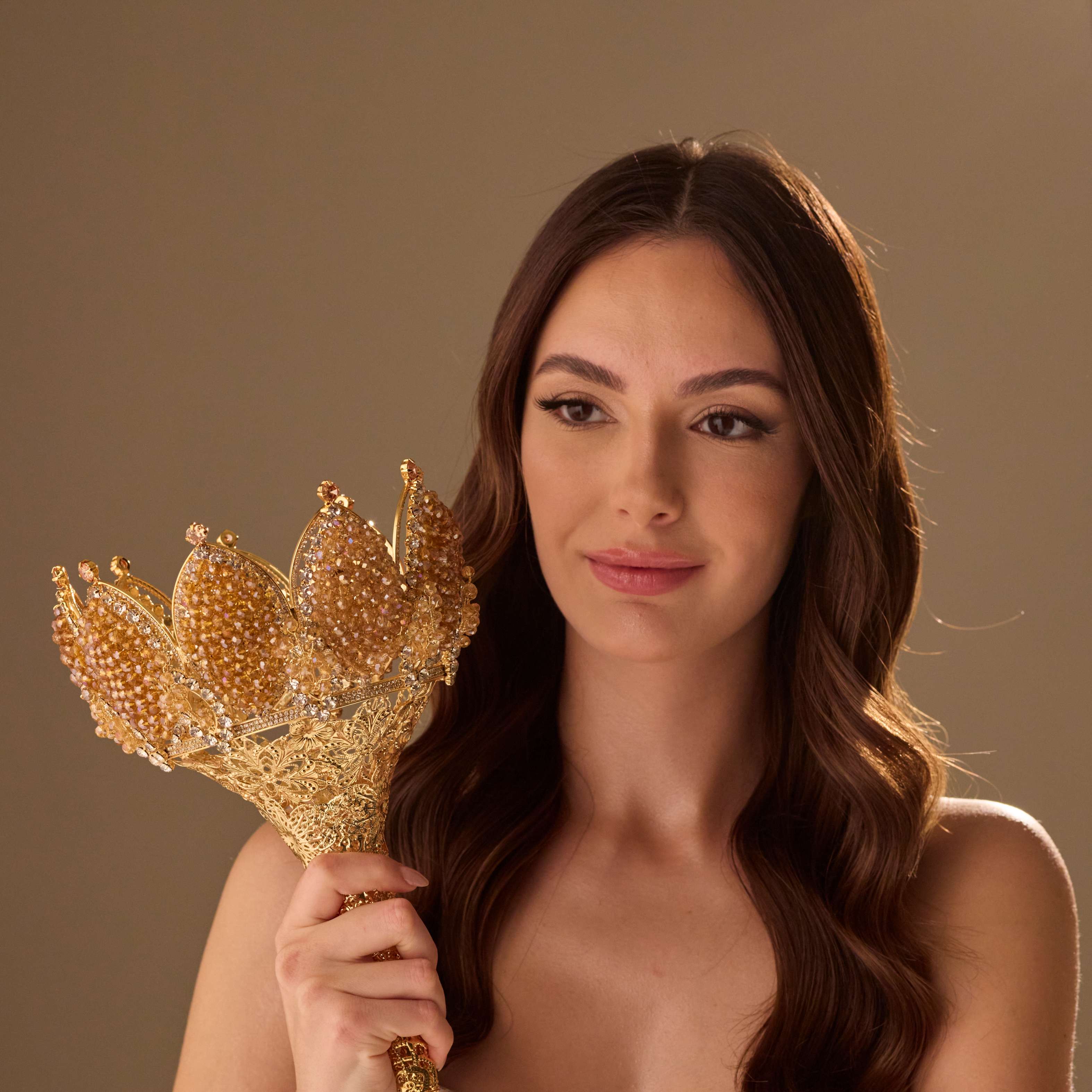 Gold Quinceañera & Wedding Bouquet Holder – Handcrafted with Gold Carved Flowers & Crystal Stones - Glamourous Grace