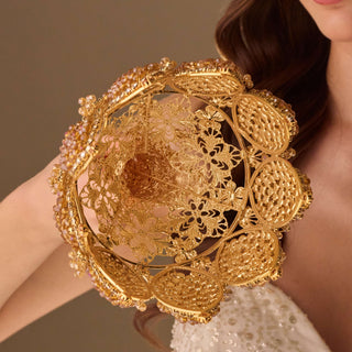 Gold Quinceañera & Wedding Bouquet Holder – Handcrafted with Gold Carved Flowers & Crystal Stones - Glamourous Grace