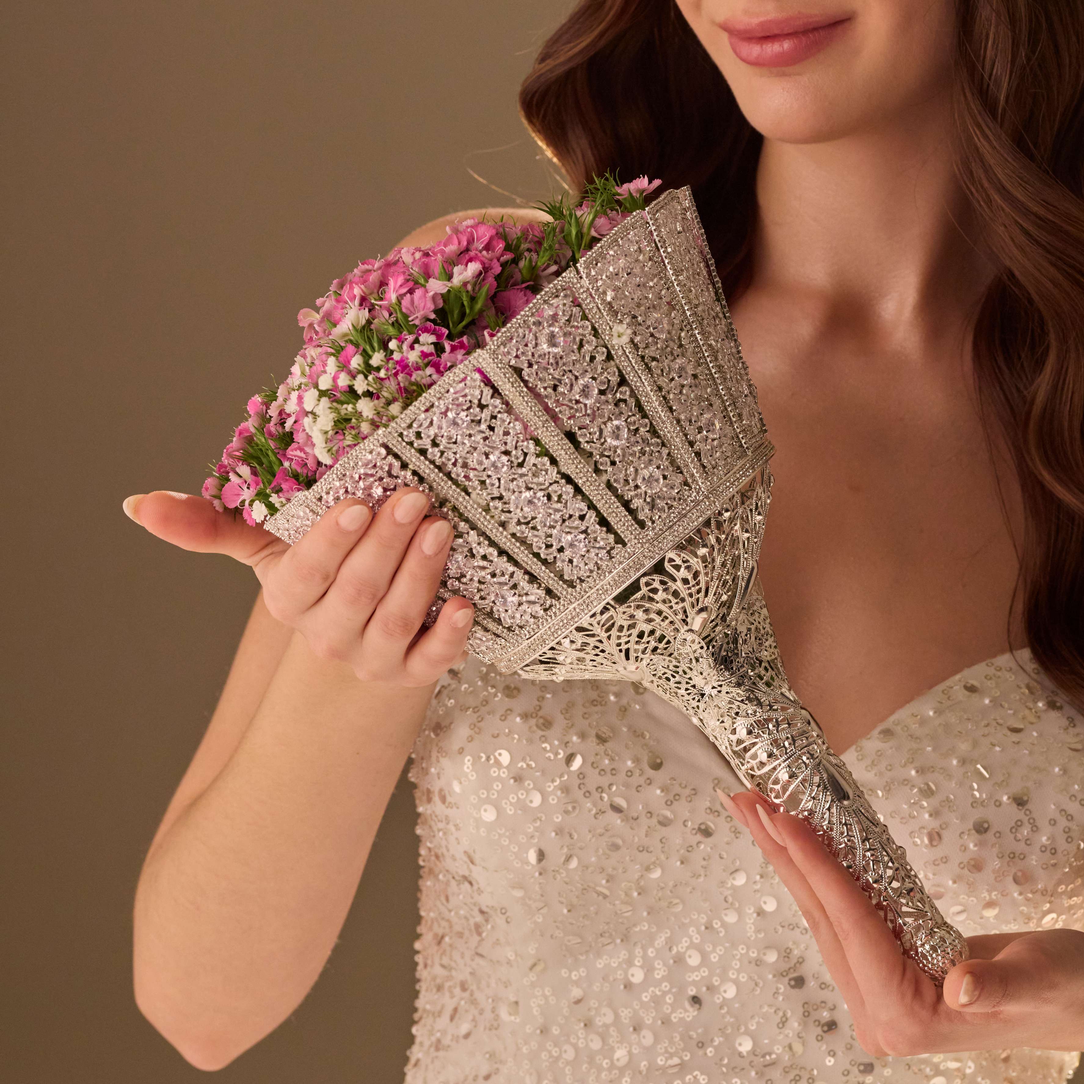 Silver Quinceañera & Wedding Bouquet Holder – Handcrafted with Carved Flowers & Crystal Stones - Glamourous Grace