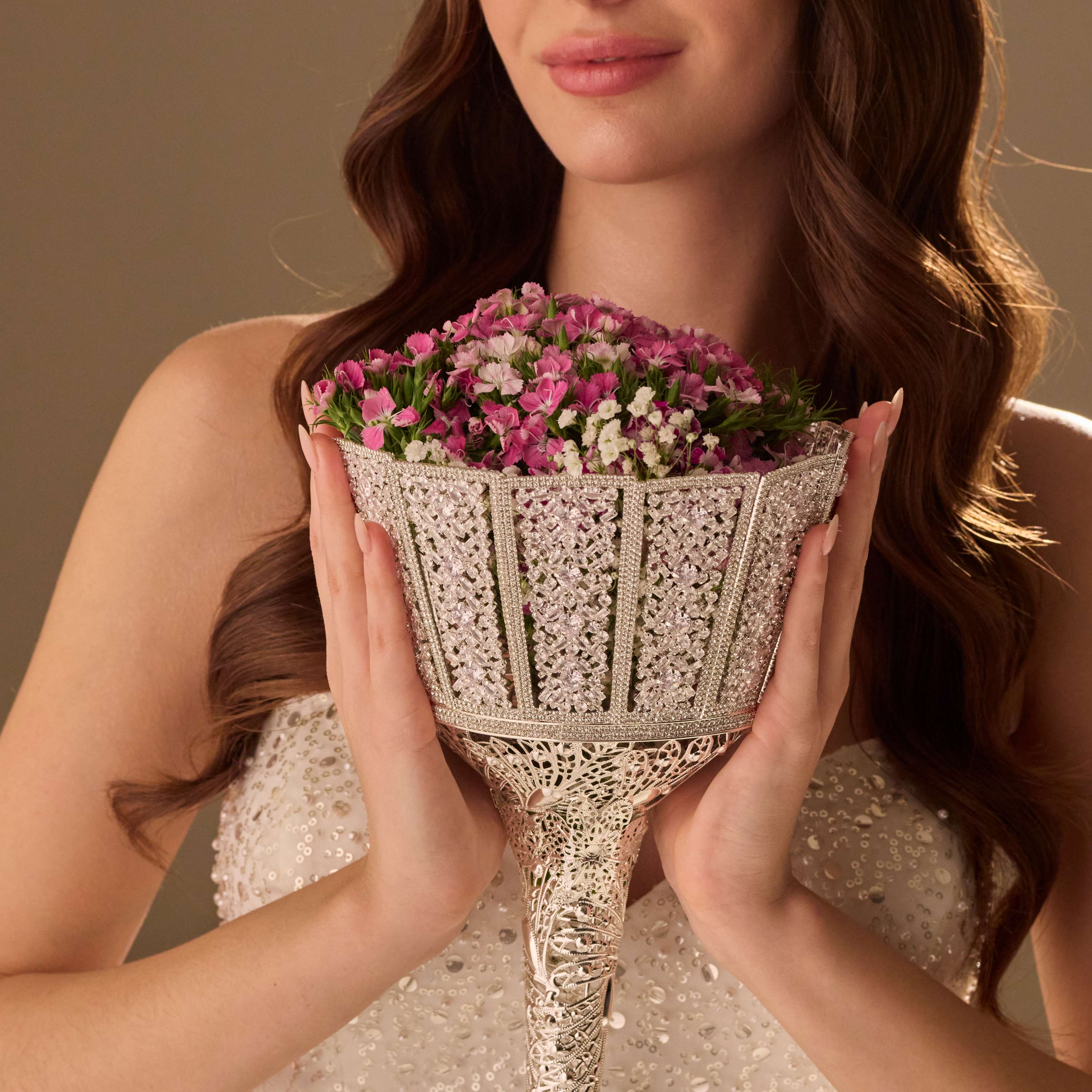 Silver Quinceañera & Wedding Bouquet Holder – Handcrafted with Carved Flowers & Crystal Stones - Glamourous Grace