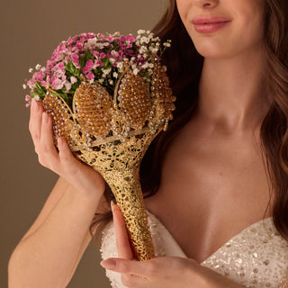 Gold Quinceañera & Wedding Bouquet Holder – Handcrafted with Gold Carved Flowers & Crystal Stones - Glamourous Grace