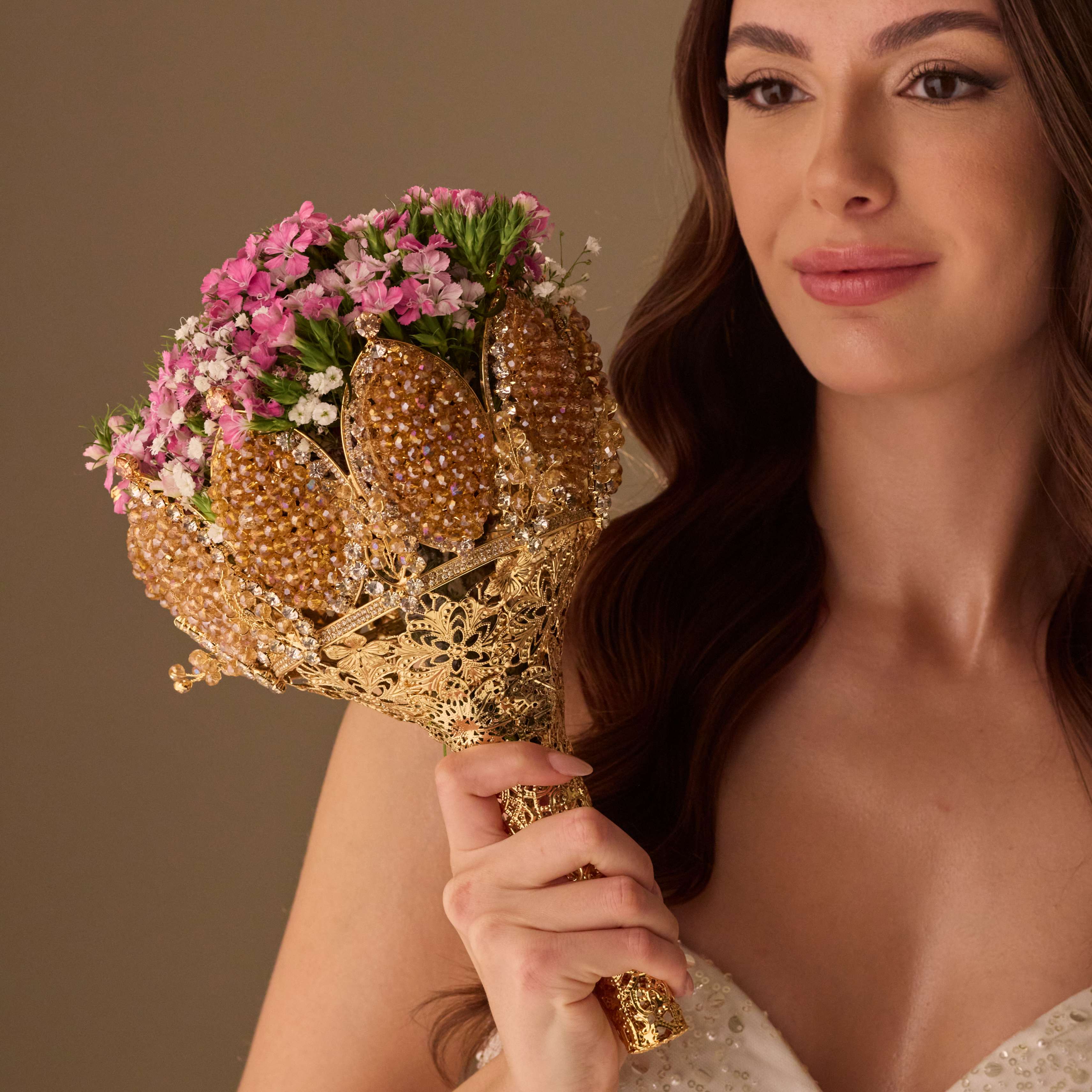 Gold Quinceañera & Wedding Bouquet Holder – Handcrafted with Gold Carved Flowers & Crystal Stones - Glamourous Grace