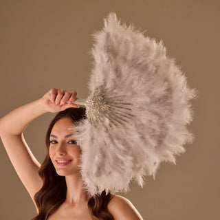 Luxury Feather Fan – Handcrafted with Silver & Pearl Trim, Elegant Unique Fan - Glamourous Grace