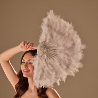 Luxury Feather Fan – Handcrafted with Silver & Pearl Trim, Elegant Unique Fan - Glamourous Grace