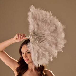 Luxury Feather Fan – Handcrafted with Silver & Pearl Trim, Elegant Unique Fan - Glamourous Grace