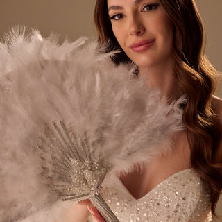 Luxury Feather Fan – Handcrafted with Silver & Pearl Trim, Elegant Unique Fan - Glamourous Grace