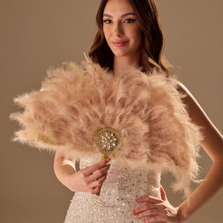 Luxury Feather Fan – Handcrafted with Gold & Rhinestone Trim, Elegant Unique Fan - Glamourous Grace