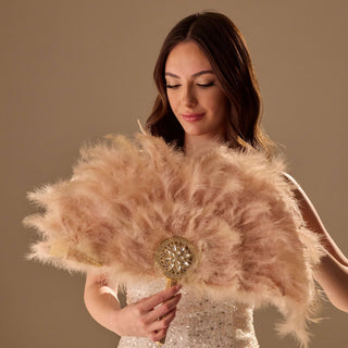 Luxury Feather Fan – Handcrafted with Gold & Rhinestone Trim, Elegant Unique Fan - Glamourous Grace