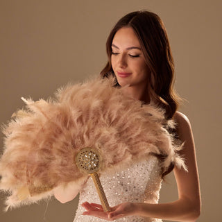Luxury Feather Fan – Handcrafted with Gold & Rhinestone Trim, Elegant Unique Fan - Glamourous Grace